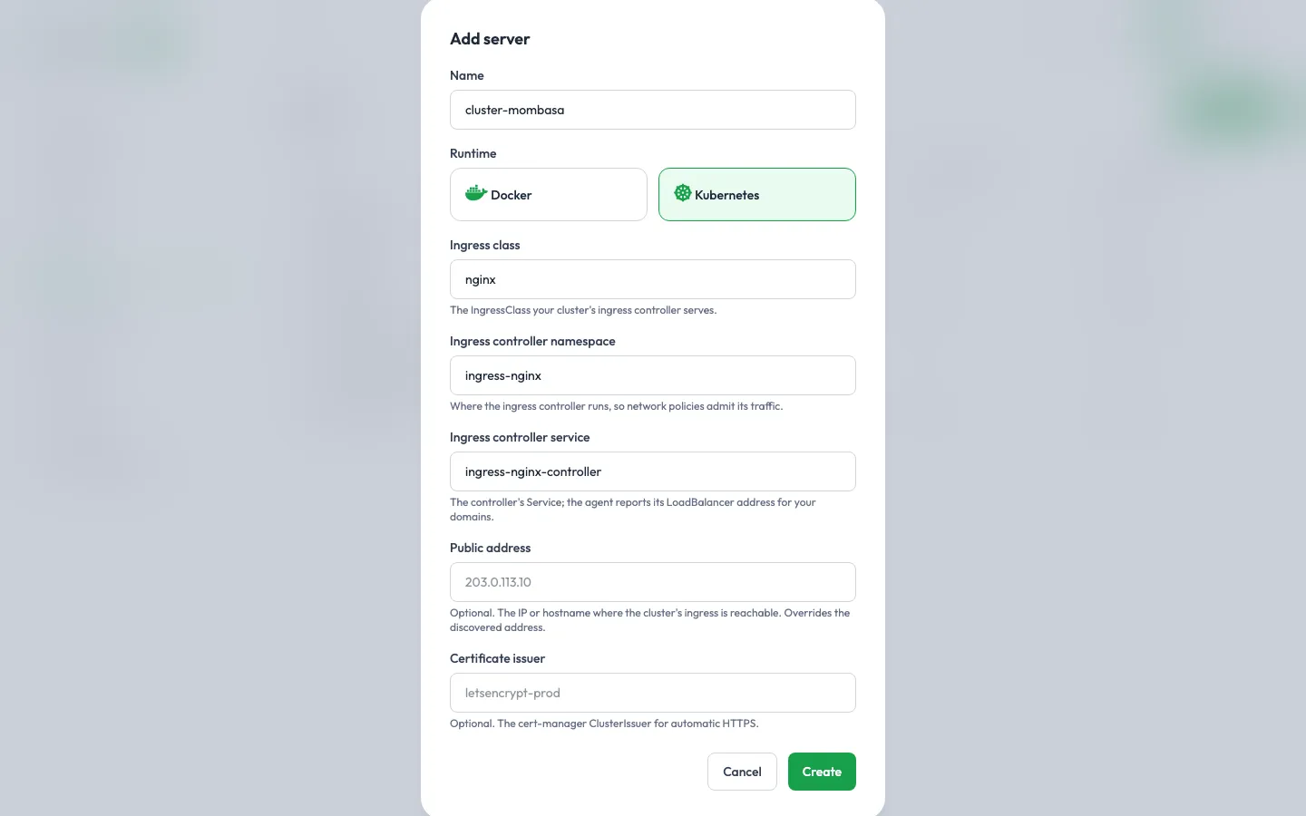 Add server, with Kubernetes selected