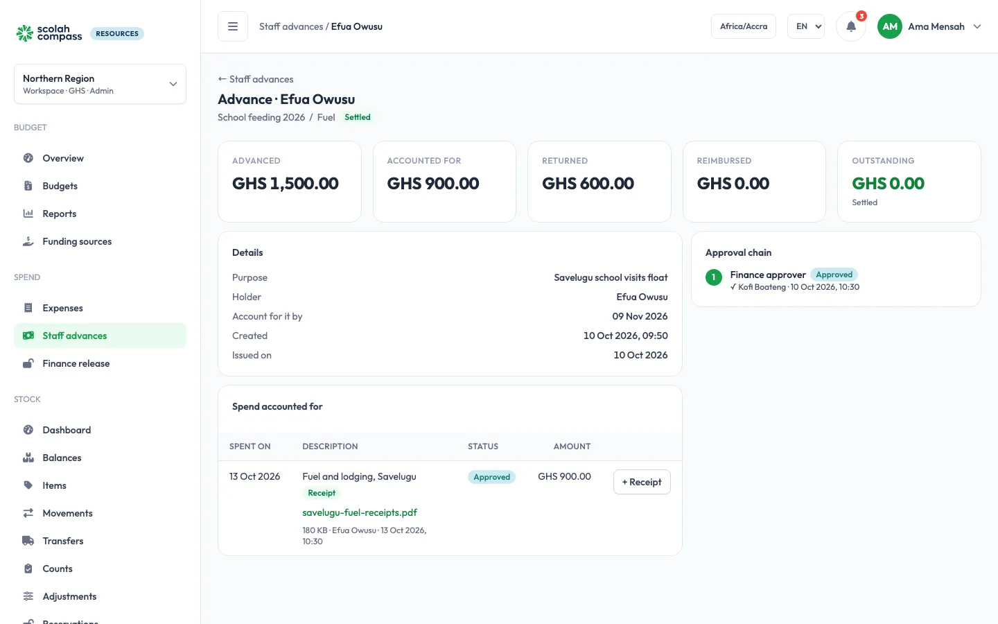 Advance with spend accounted for