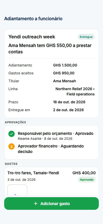 Um adiantamento a funcionário com o que falta prestar contas