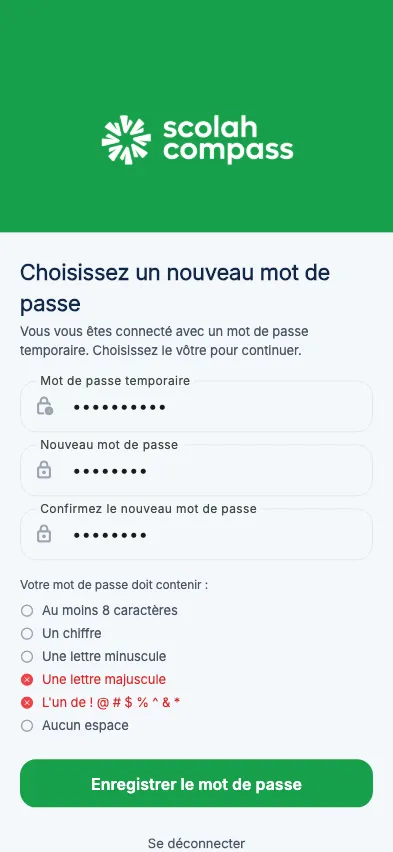 Choisir un nouveau mot de passe après un mot de passe temporaire