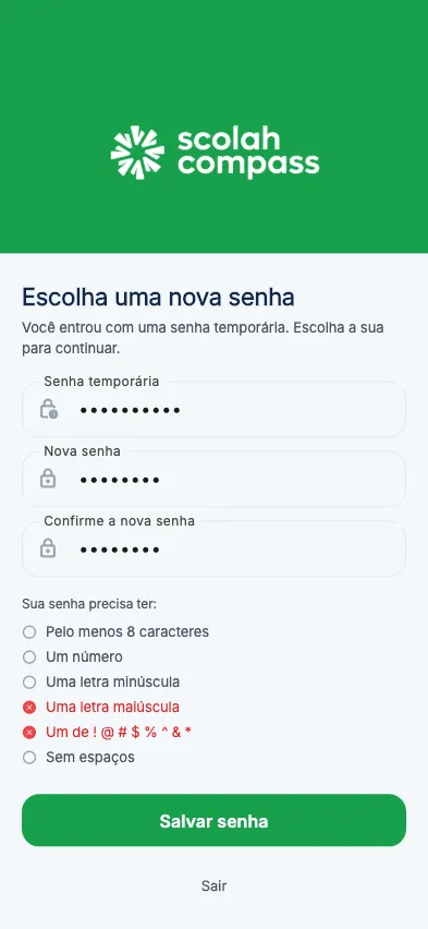 Escolhendo uma nova senha após a senha temporária