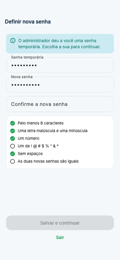 Escolher a sua própria senha depois de uma temporária