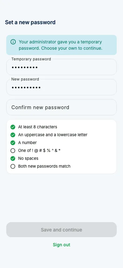 Choosing your own password after a temporary one