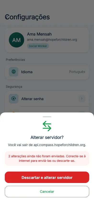 Alterando o servidor, com trabalho não enviado