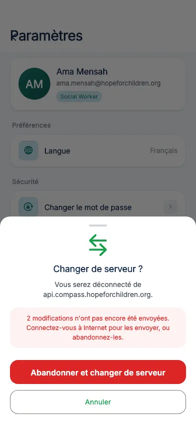 Changer de serveur, avec du travail non envoyé