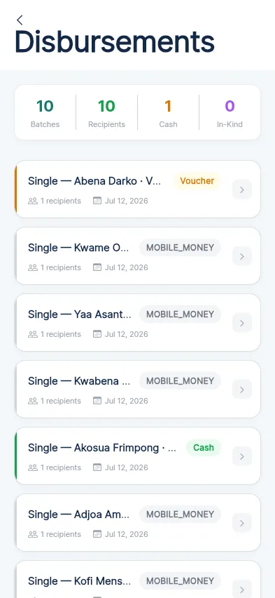 Liste des lots de décaissement