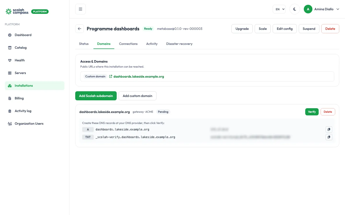 A custom domain waiting for DNS verification