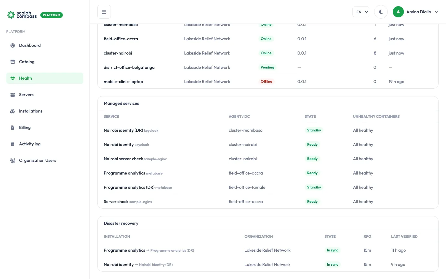 The Disaster recovery section of the Health page