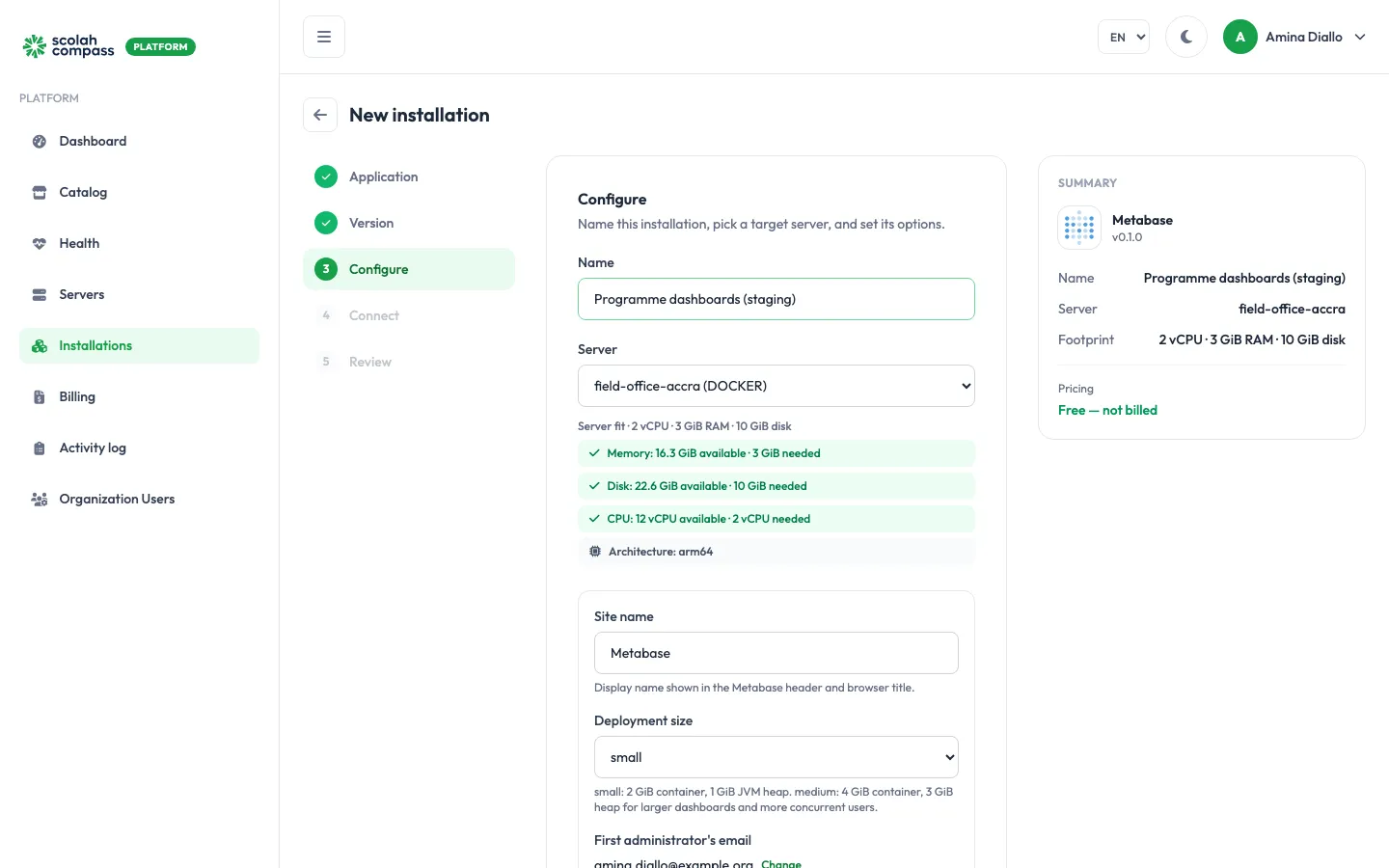 Configure — name, server and options