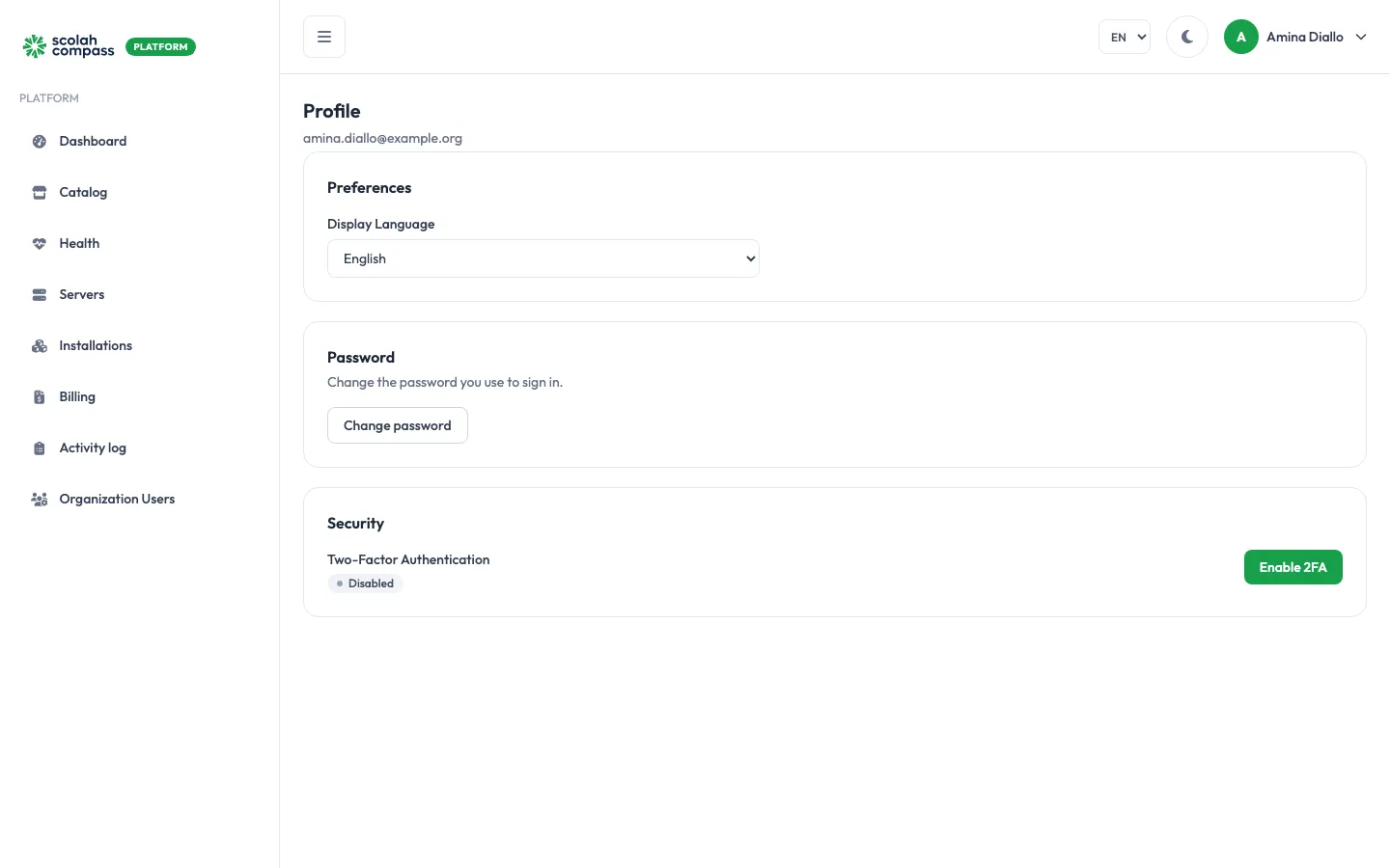 Profile — language, password and security