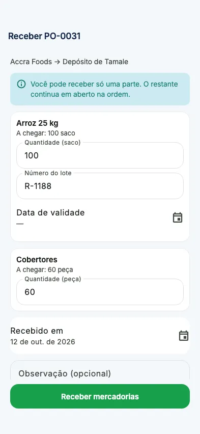Receber mercadorias em uma ordem de compra