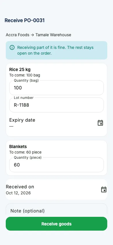 Receiving goods on a purchase order