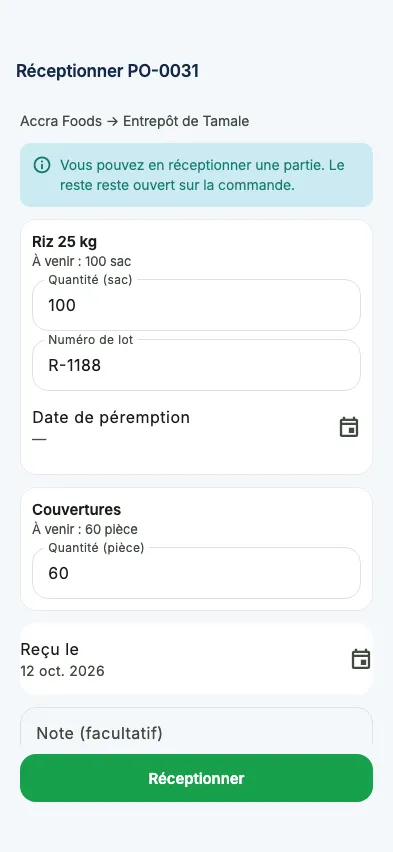 Réception de marchandises sur un bon de commande