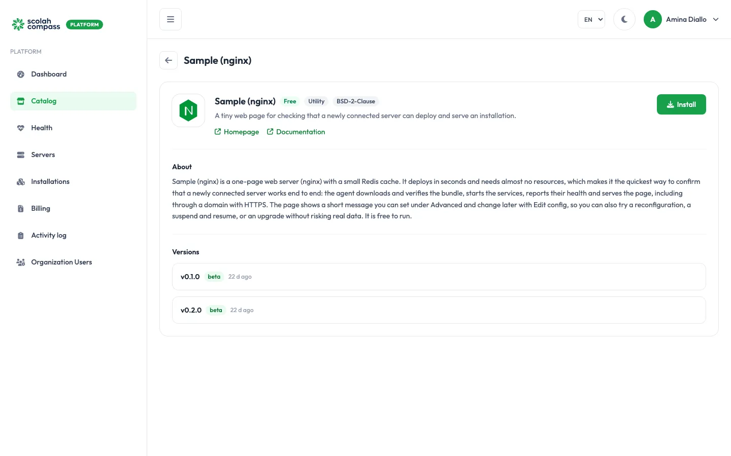 Sample (nginx) in the catalog