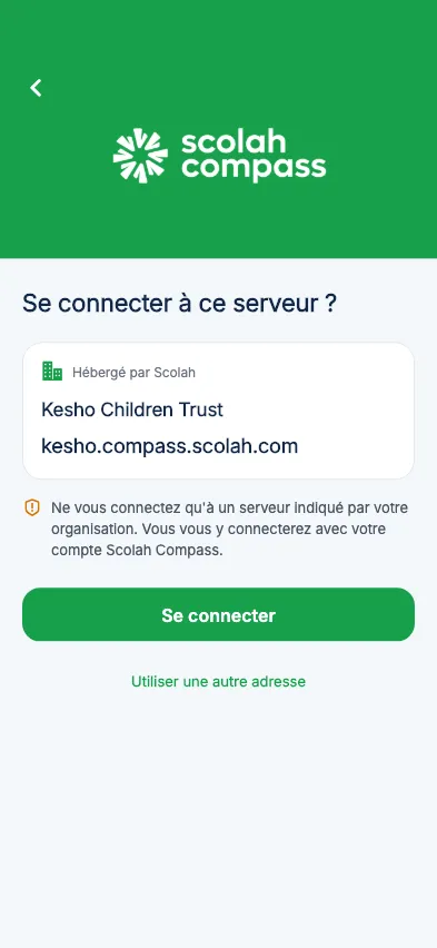 Vérification d'une organisation hébergée par Scolah avant la connexion