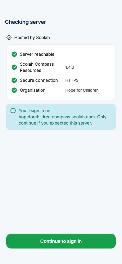 Checking an organisation hosted by Scolah before connecting