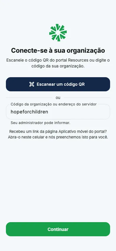 Digitar o código da sua organização