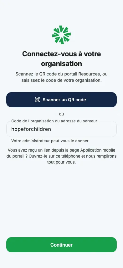 Saisir le code de votre organisation