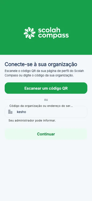 Digitar o código da sua organização