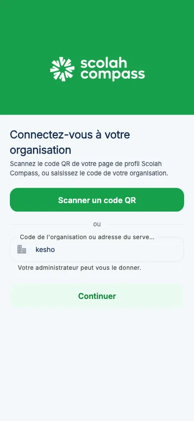 Saisir le code de votre organisation
