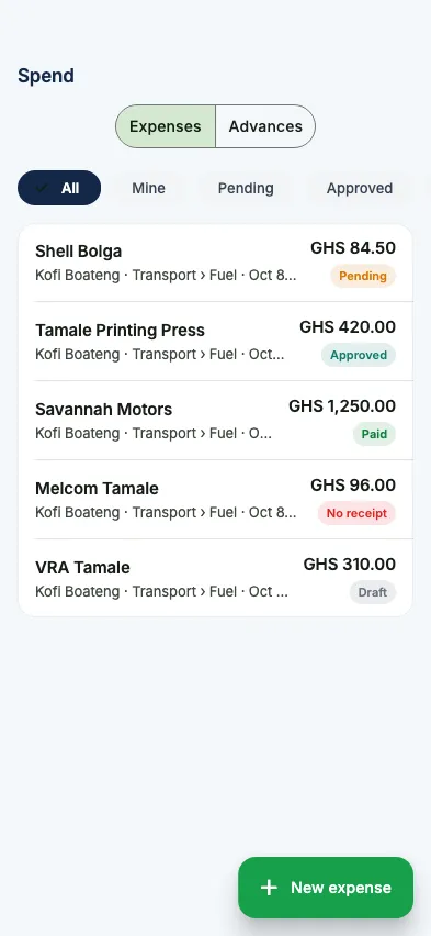 The Spend tab with expenses and their status